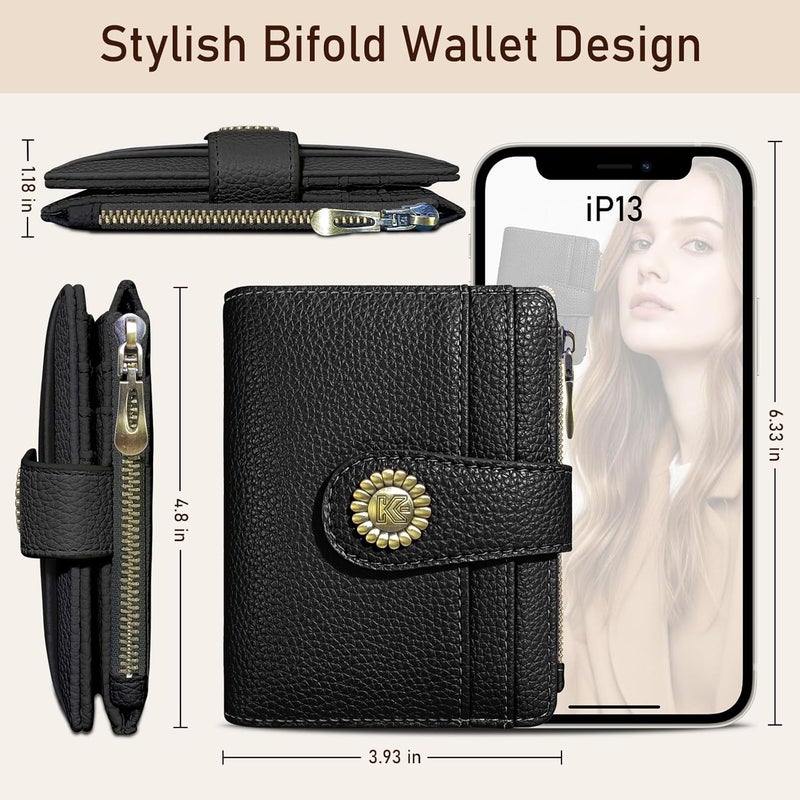 Kelvoris Small Rfid Women Wallet Bifold Zipper Coin Pocket PU Leather Compact Cash Credit Card Holder Travel Wallet for Female Ladies Teen Girls 1 ID Window 10 Card Slots Black - Image 5